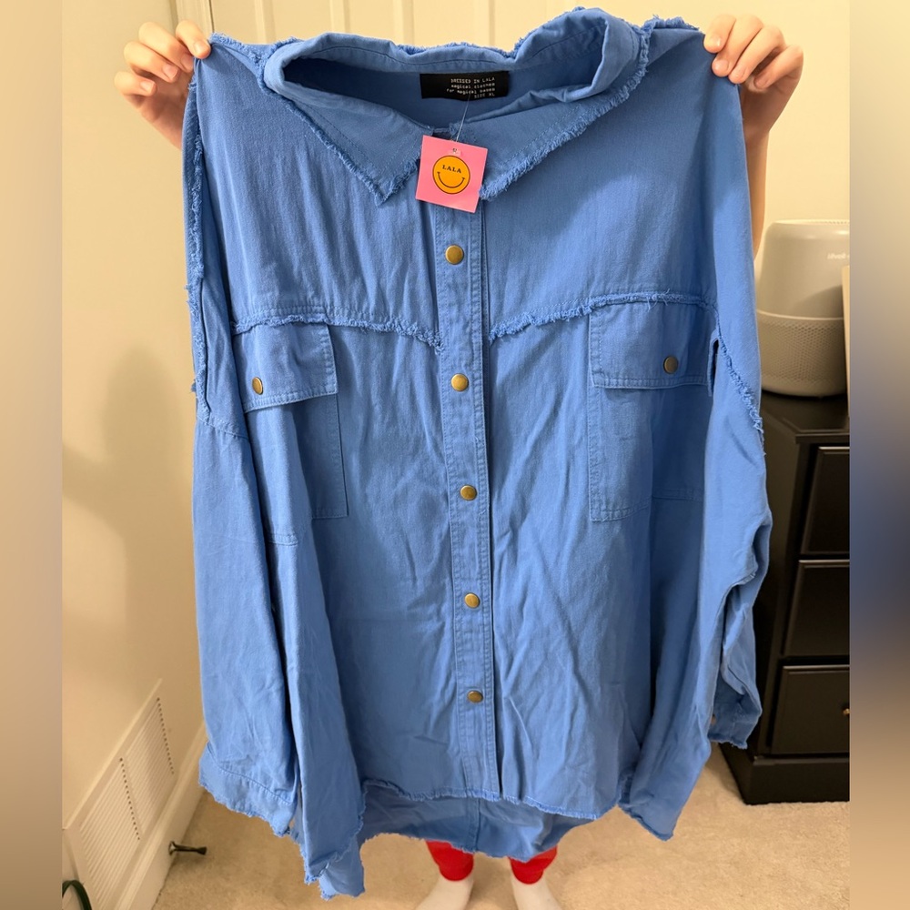 Dressed in LALA original design Blue Button-Up Shirt with Frayed Edges